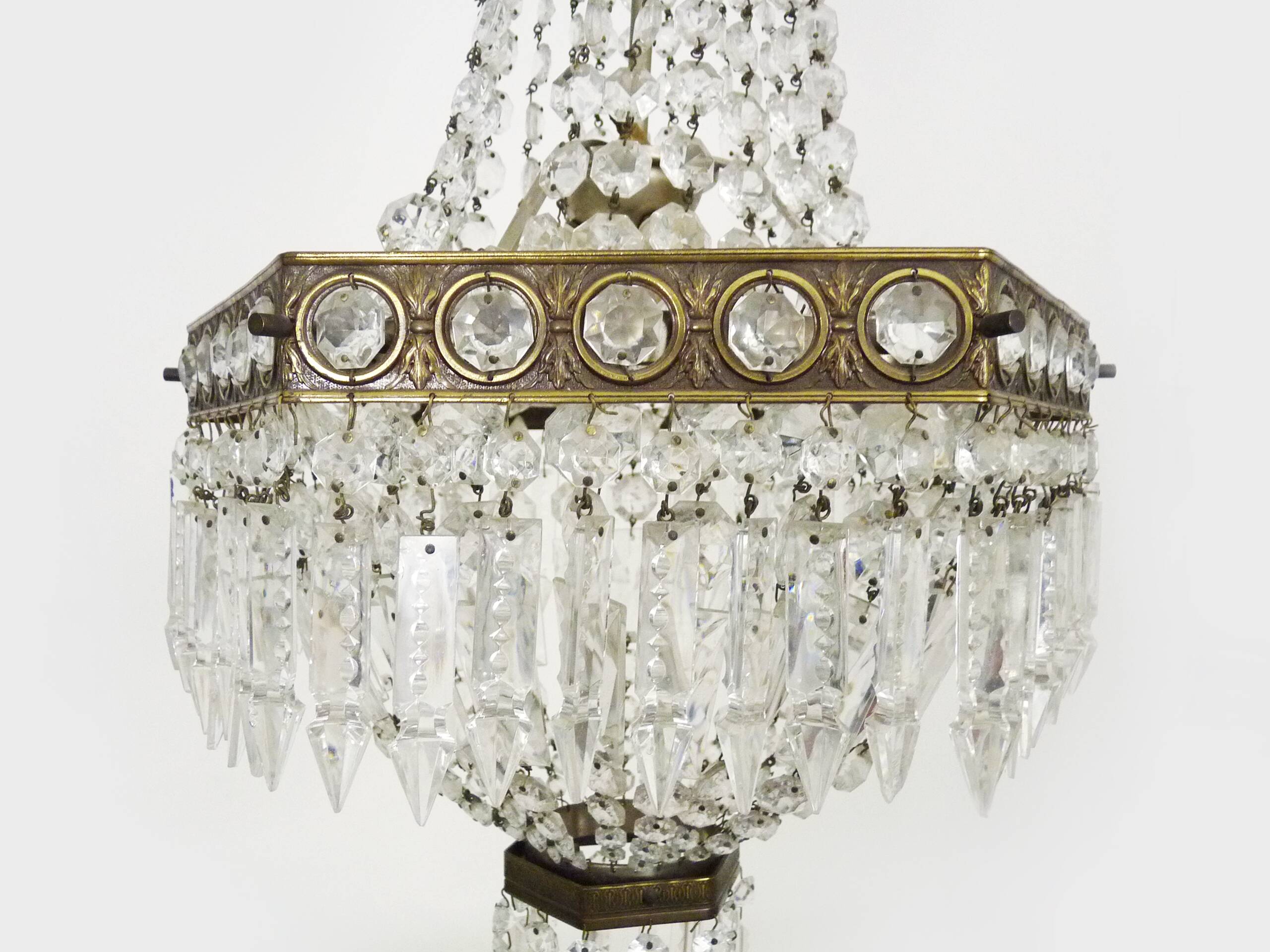 Old large 3-light hot air balloon chandelier in bronze, glass pendants.