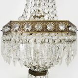 Old large 3-light hot air balloon chandelier in bronze, glass pendants.