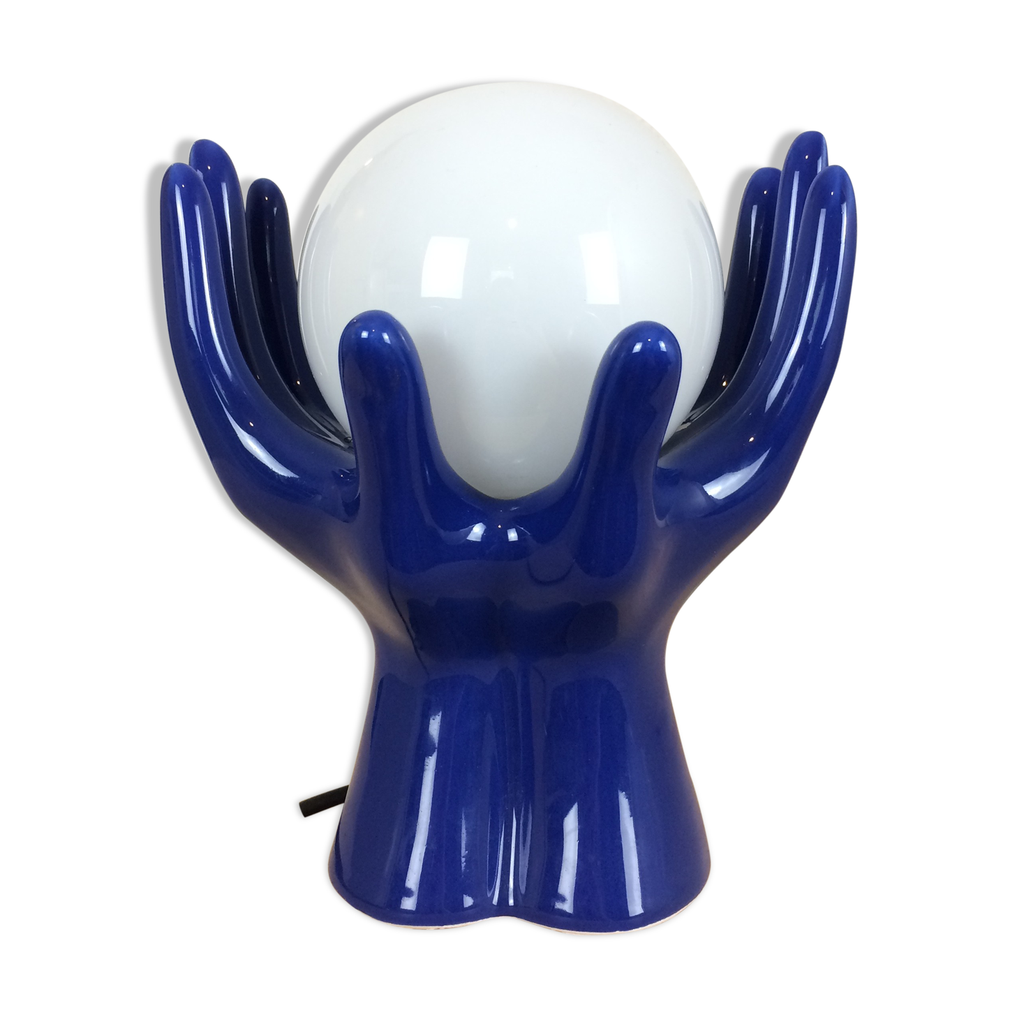 Blue ceramic hand lamp 70s and globe opaline