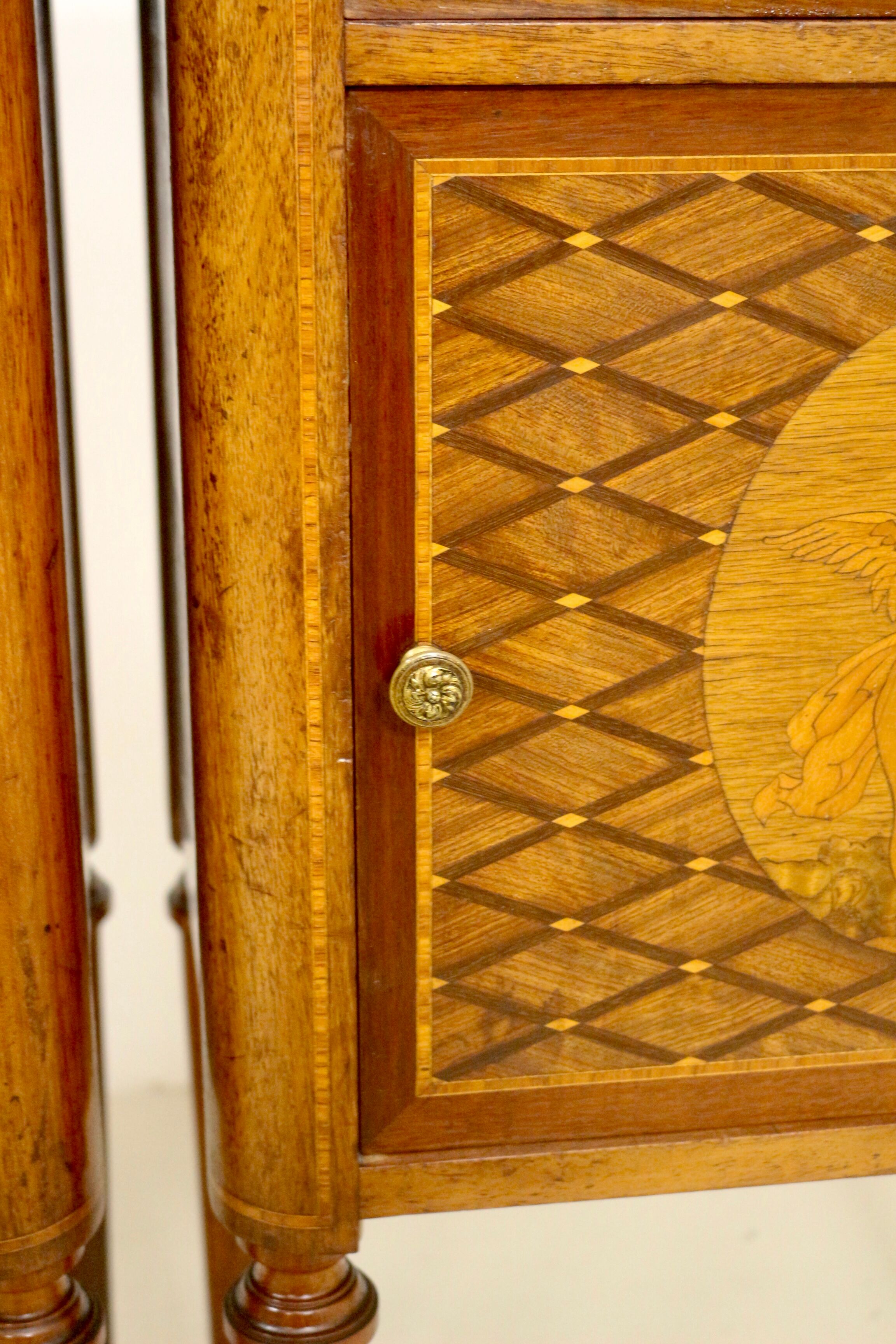 Pair of marquetry bedside tables decorated in marble façade Brèche d'Aleppo. Ref Toulouse.