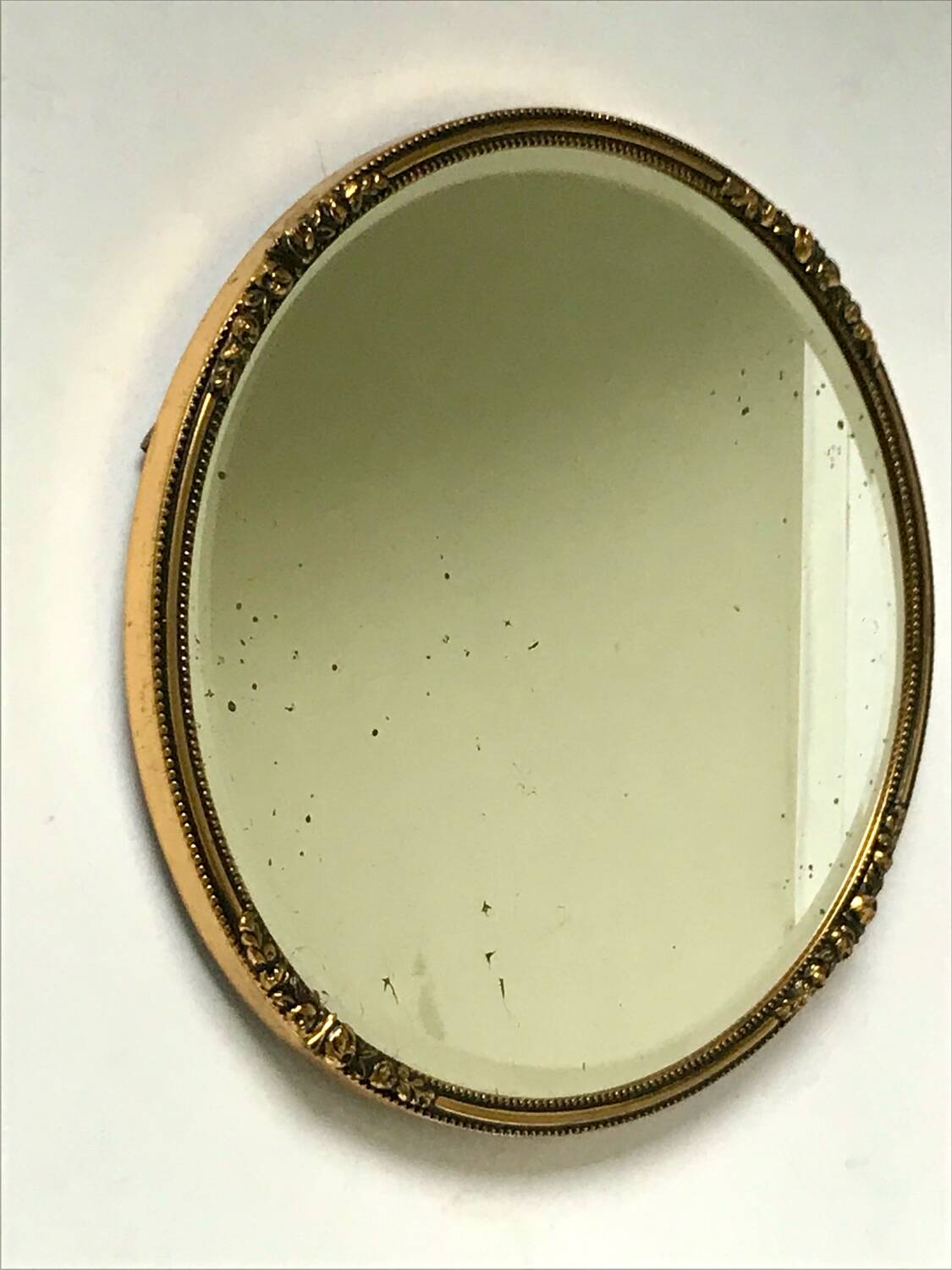 Antique Beveled Mirror with Metal frame Gold colored brass 14 cm diameter
