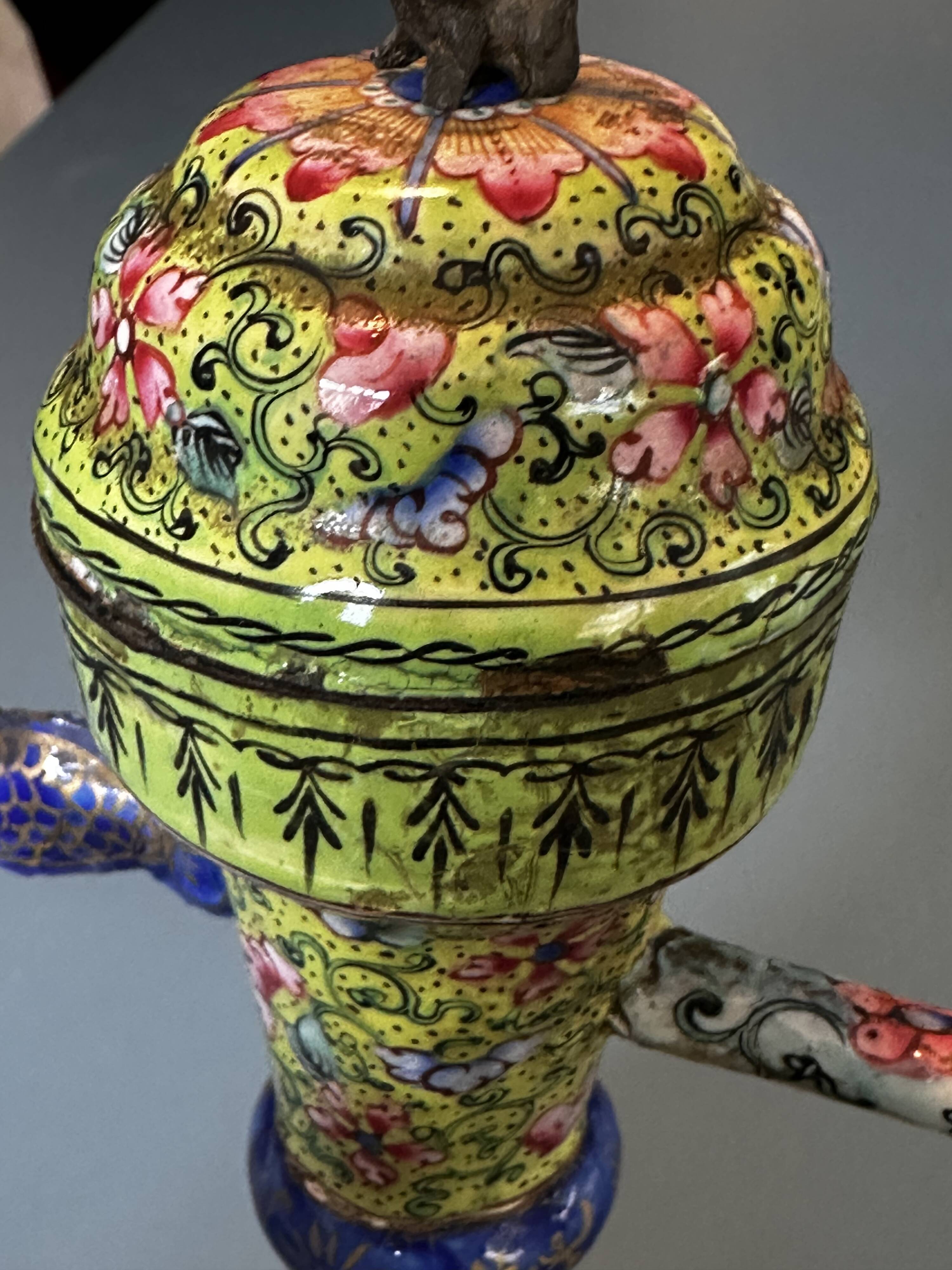 Chinese ewer in painted enamel on copper – floral decoration - Canton 18