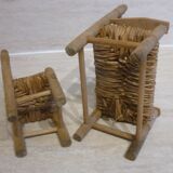 Bench and armchair in wood and straw for doll