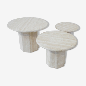 Set of 3 round travertine side tables