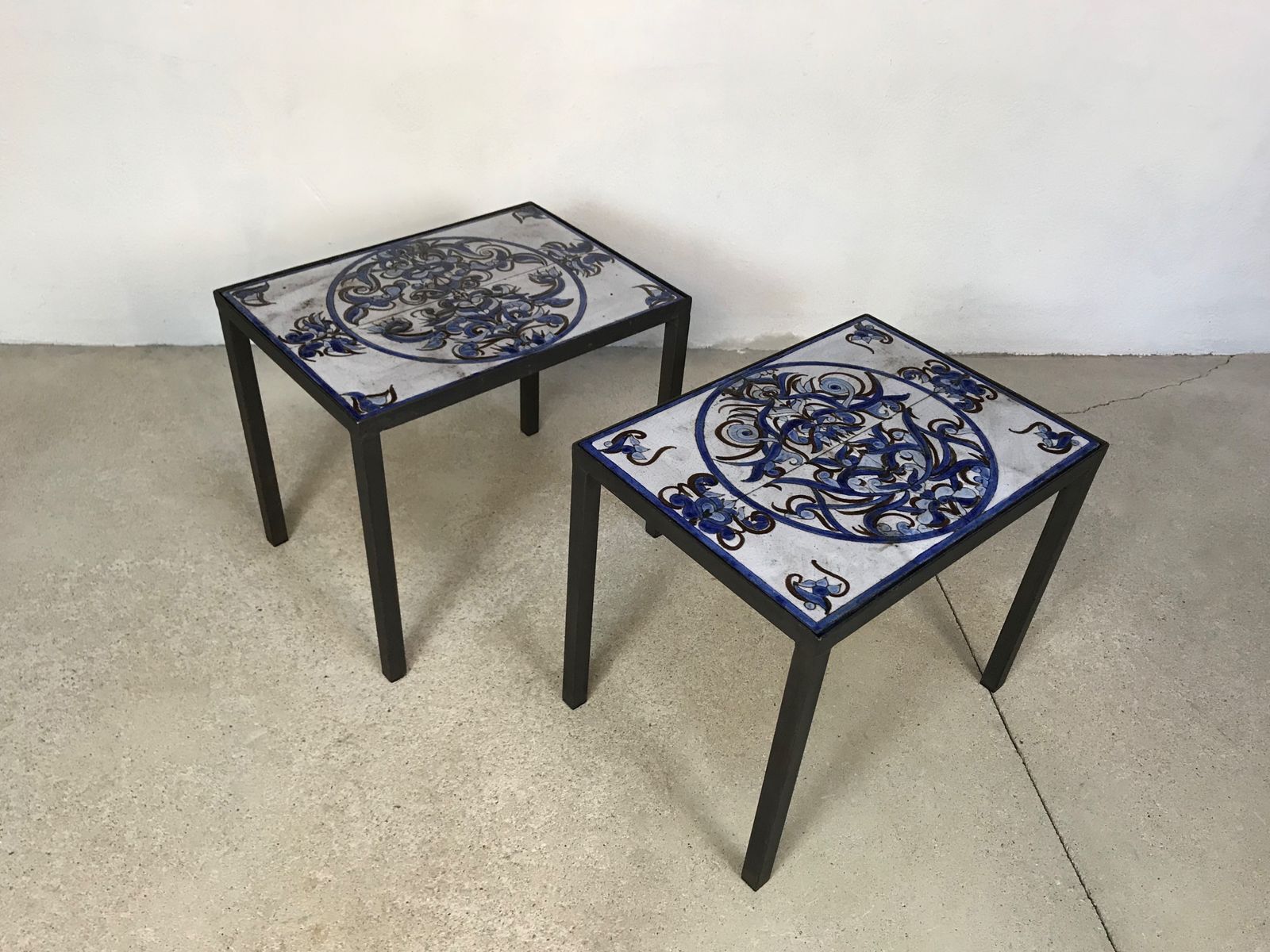 Italian ceramic tiles & steel side tables or nightstands, 1970s, set of 2