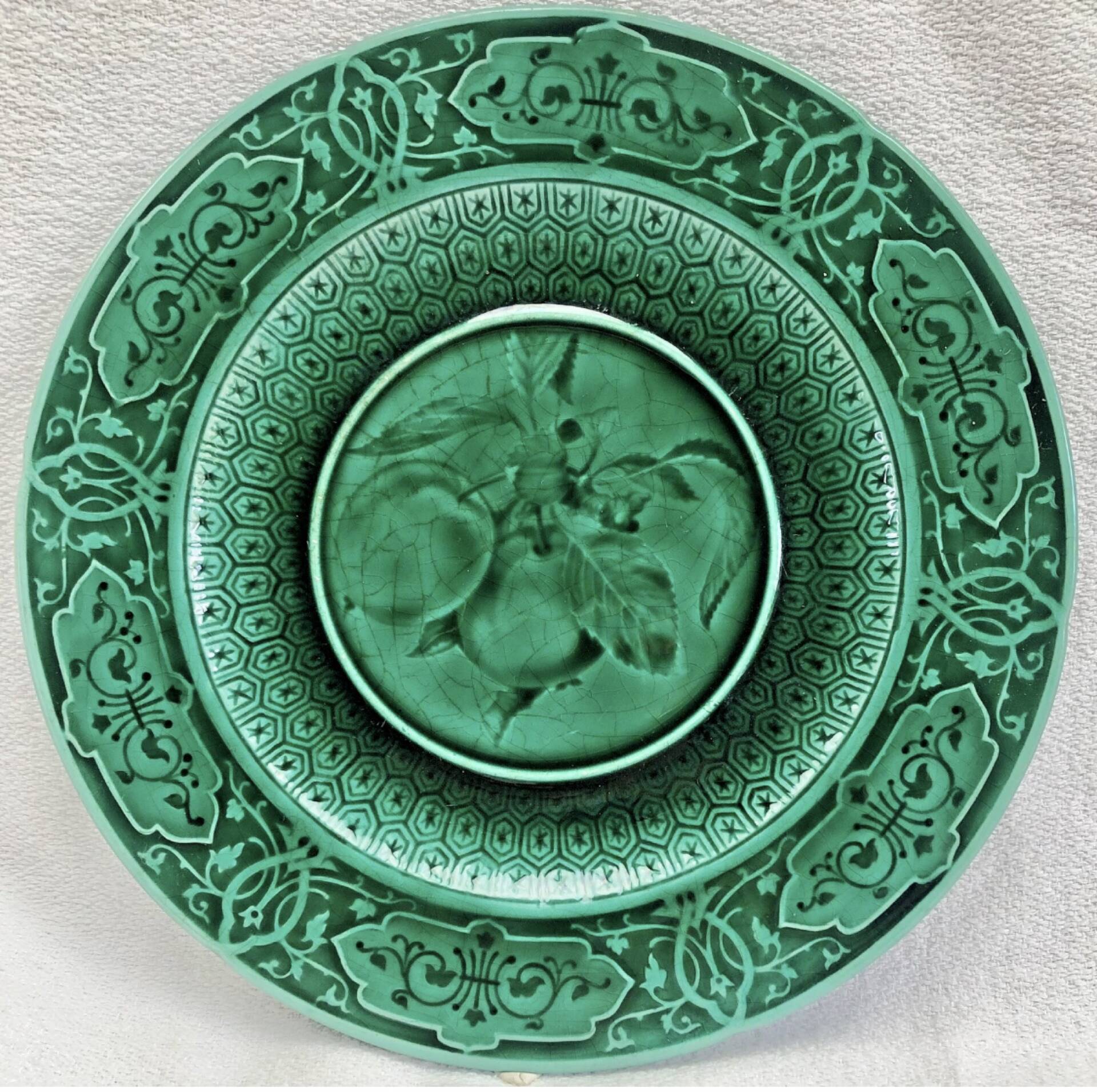 3 fruit plates Sarreguemines majolica shaded enamel Rubelles
