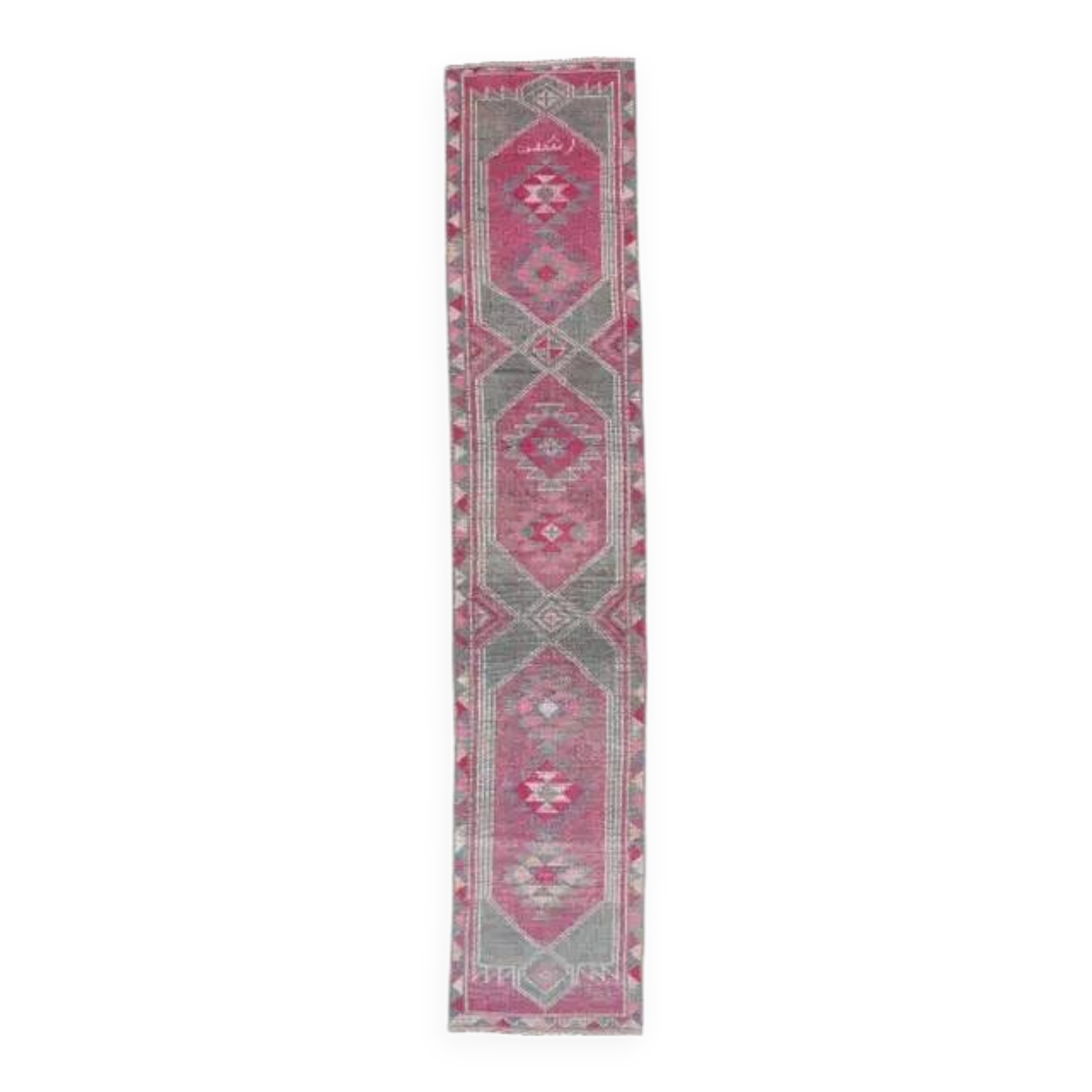 Pink-gray vintage Turkish hand-knotted tribal runner 79x390