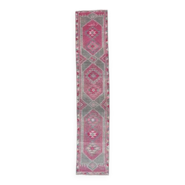 Pink-gray vintage Turkish hand-knotted tribal runner 79x390