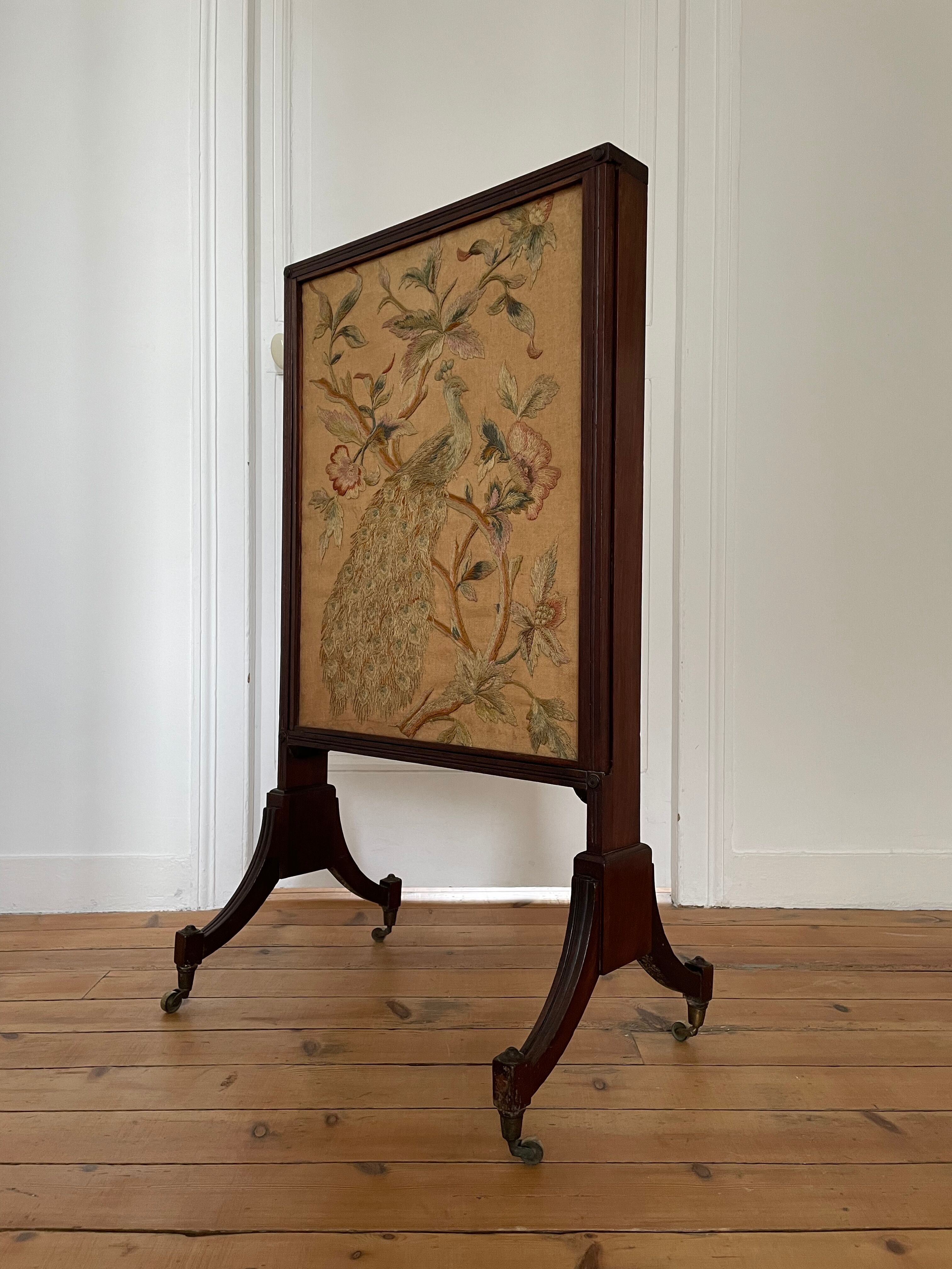 Antique fireplace screen in tapestry and mahogany
