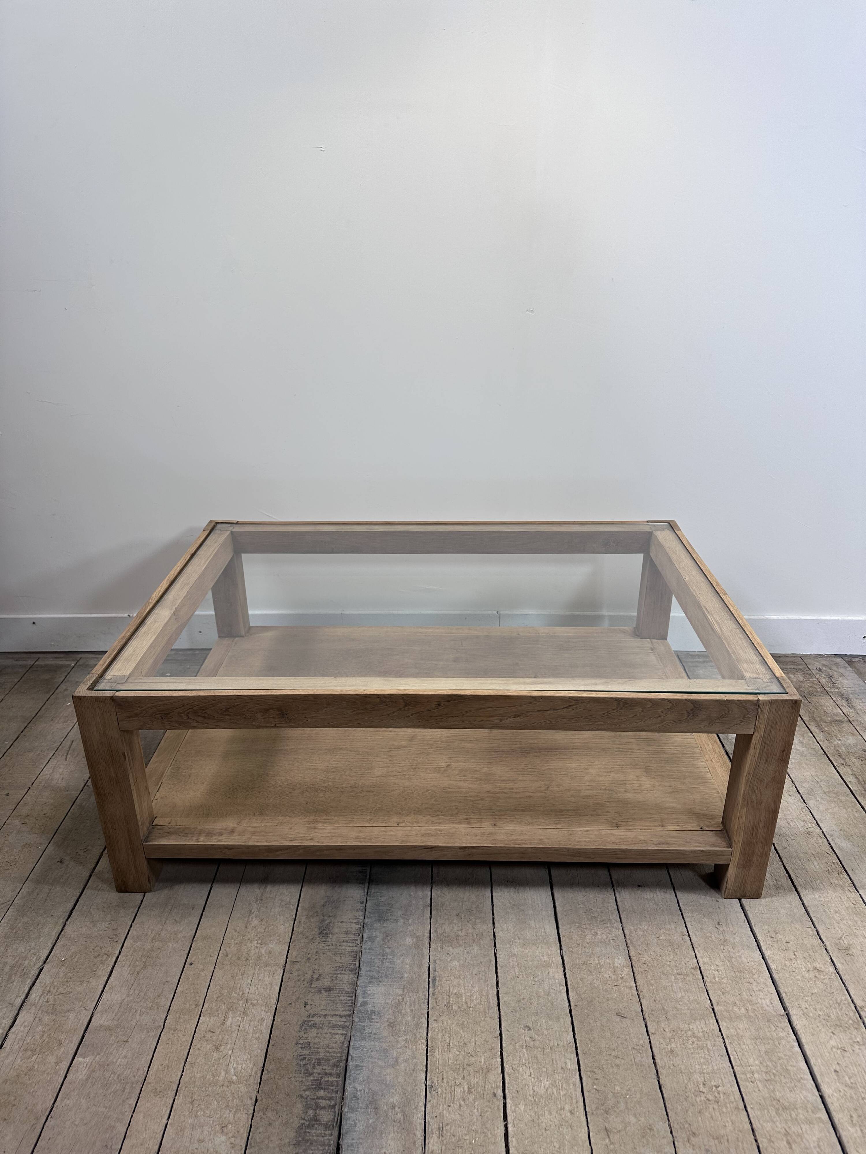 Brutalist oak coffee table with a glass top