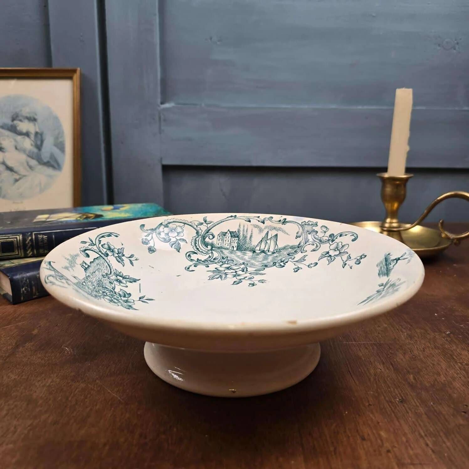 Antique compote dish Faïencerie de Lyon Marine, ironstone with blue-green decoration, 19th century.