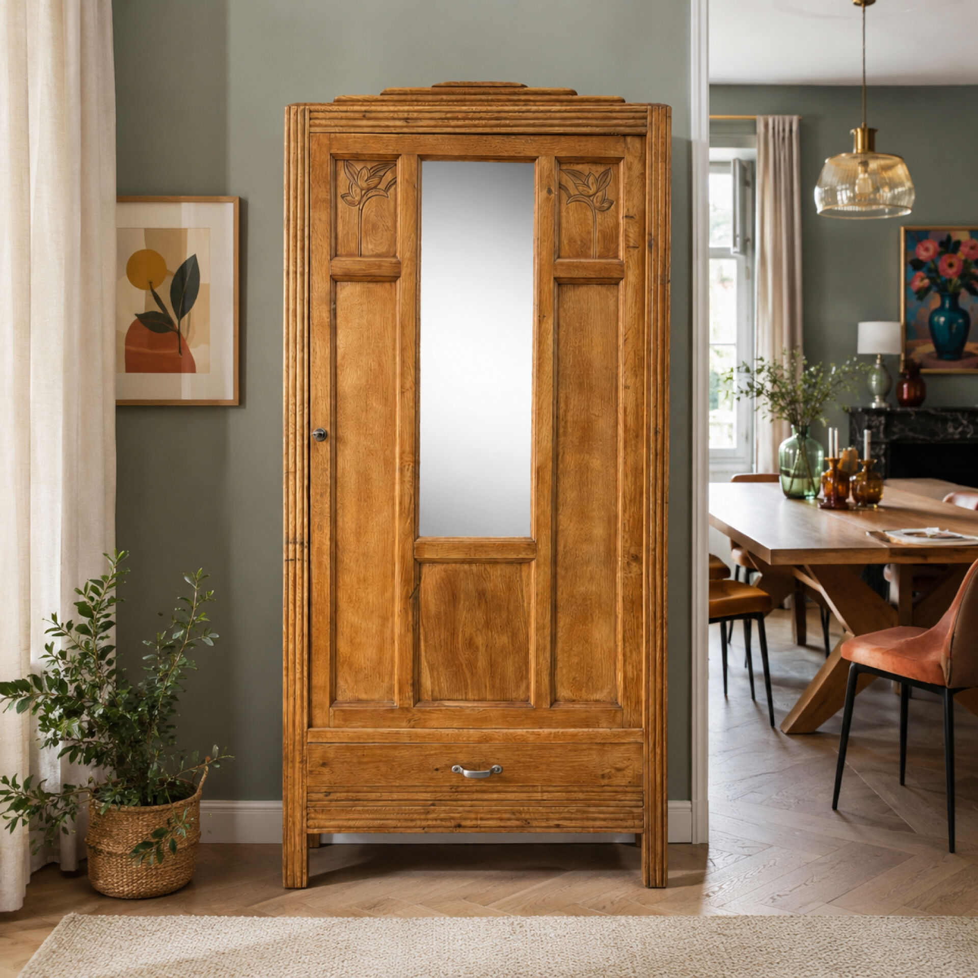 Parisian Art Deco wardrobe in raw oak, renovated.
