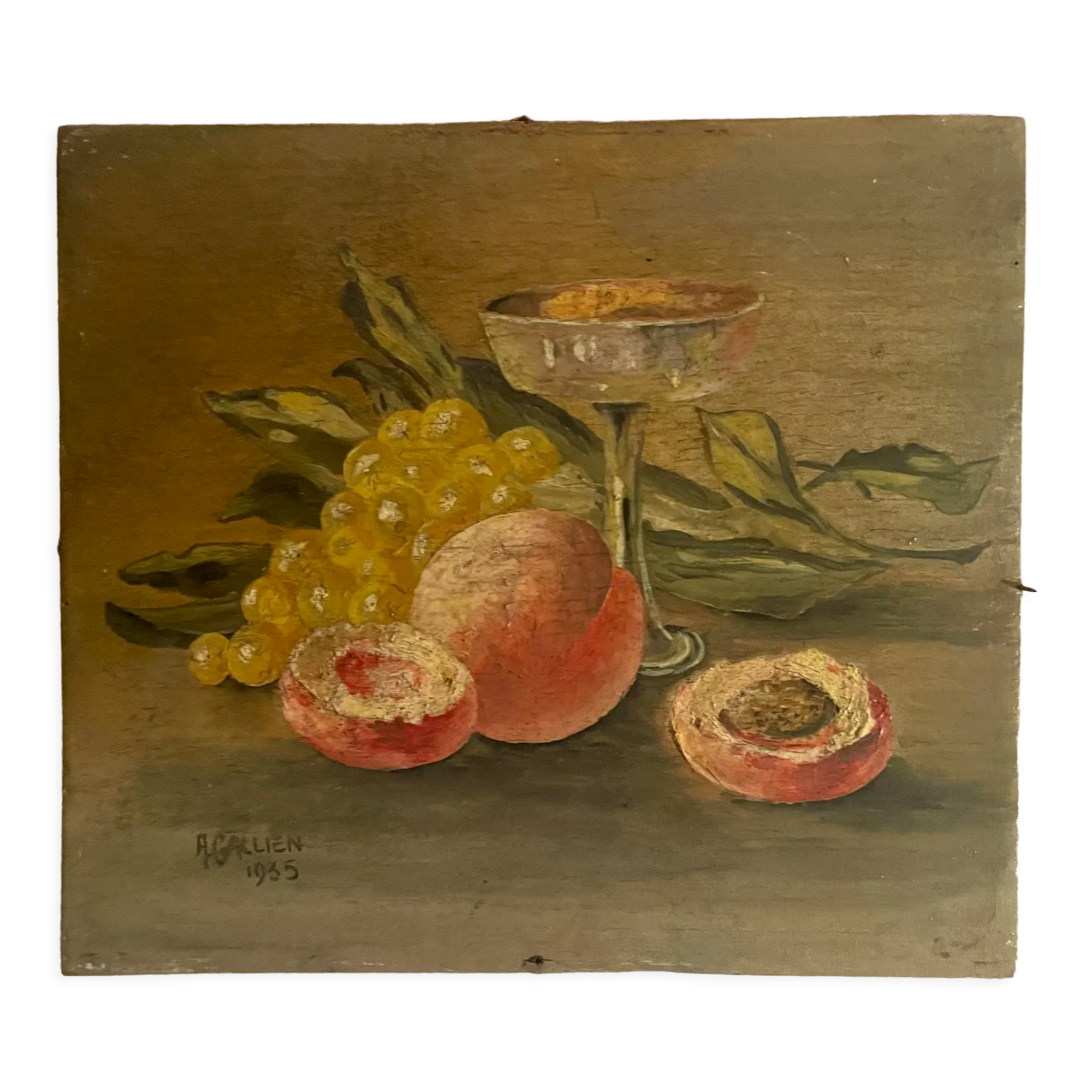 1930s french oil painting on wood, still life with fruits and vegetables