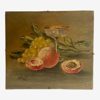 Peinture à l’huile sur bois, années 1930 français, nature morte aux fruits et légumes