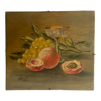 1930s french oil painting on wood, still life with fruits and vegetables