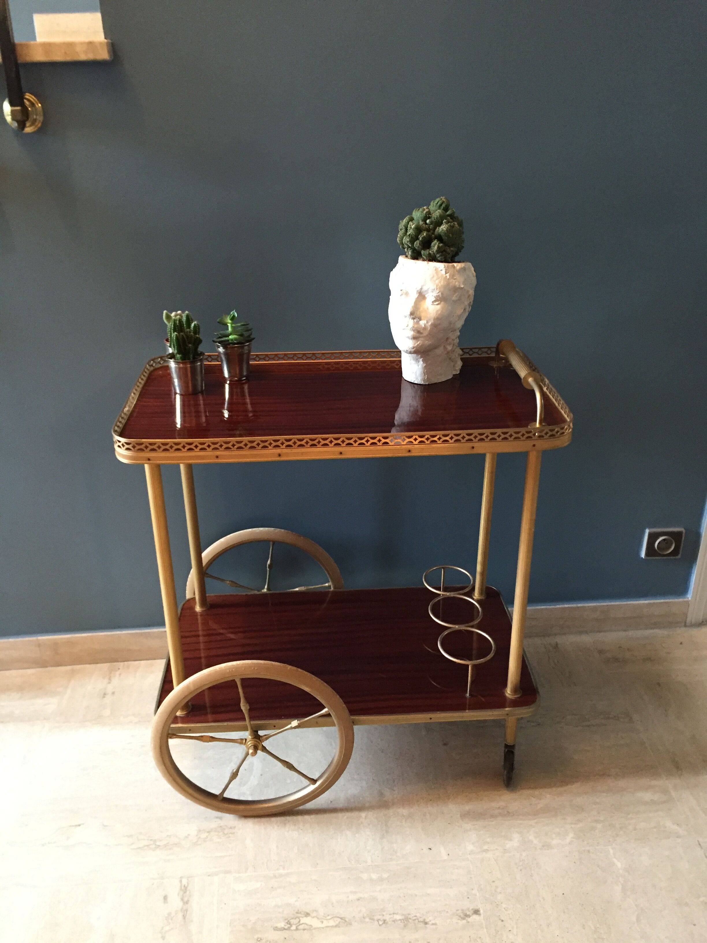 Serving wheels gold metal and wood vintage 1960