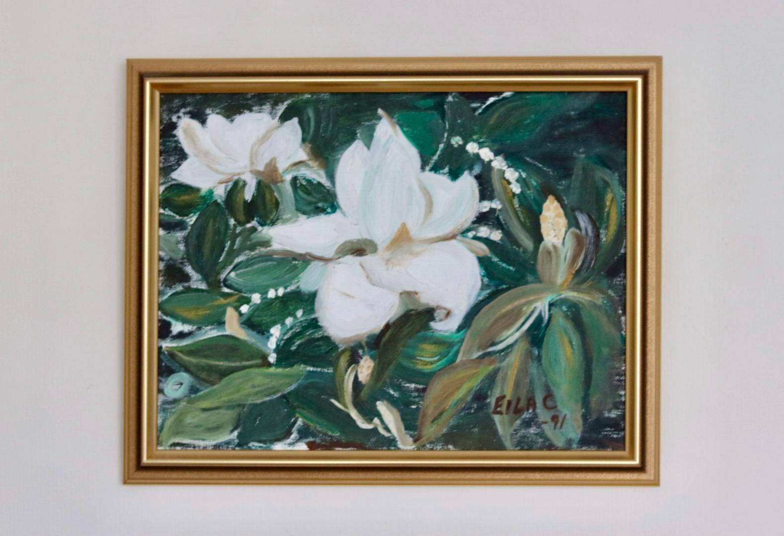 Huile sur toile « Motifs floraux » par Eila C, Suède milieu XXème