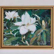 Huile sur toile « Motifs floraux » par Eila C, Suède milieu XXème