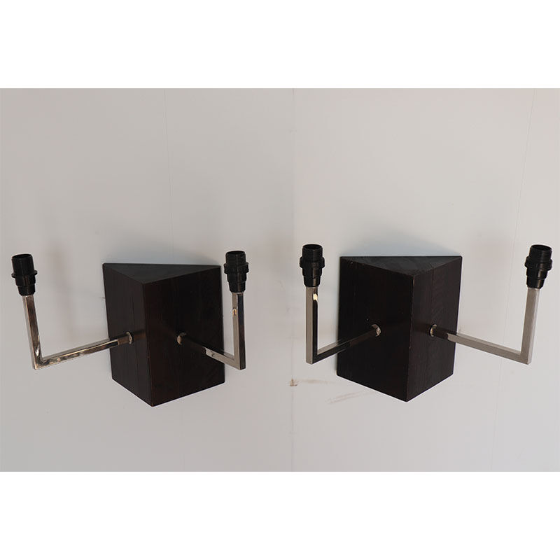 Pair of wall sconces in oak and chromed metal
