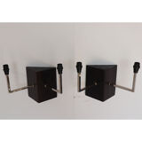 Pair of wall sconces in oak and chromed metal