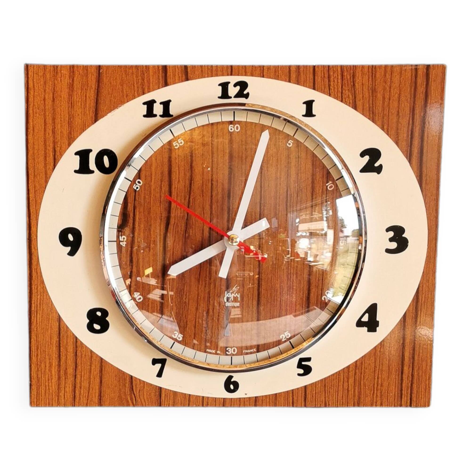 Vintage formica clock rectangular silent wall clock "Japy cream wood"