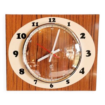 Horloge formica vintage pendule murale silencieuse rectangulaire "Japy bois crème"