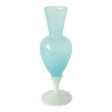 Opaline vase with twisted feet, sky blue and white, 1960.