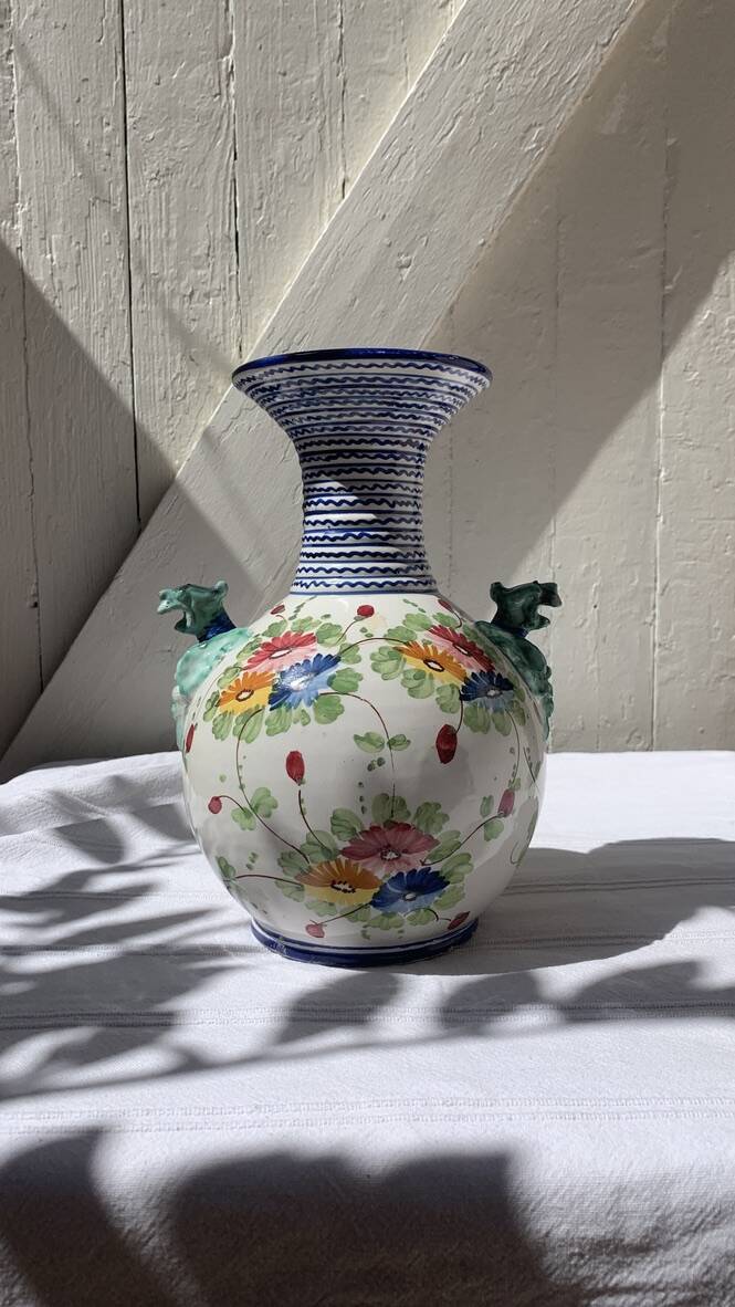 Antique vase, cheetah heads, numbered and stamped
