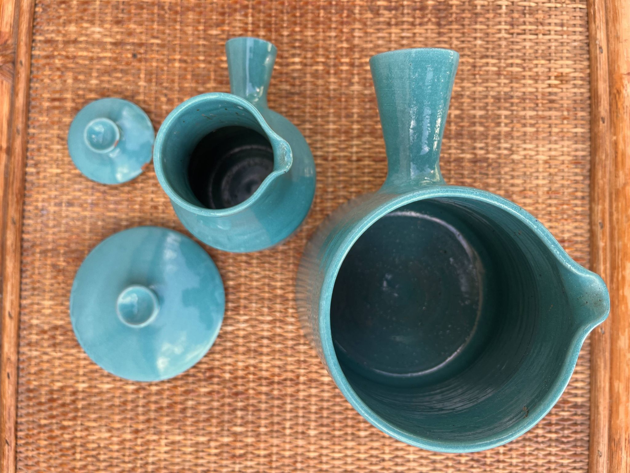 Set of 2 sky blue jugs covered by Charles Voltz 1960 Vallauris