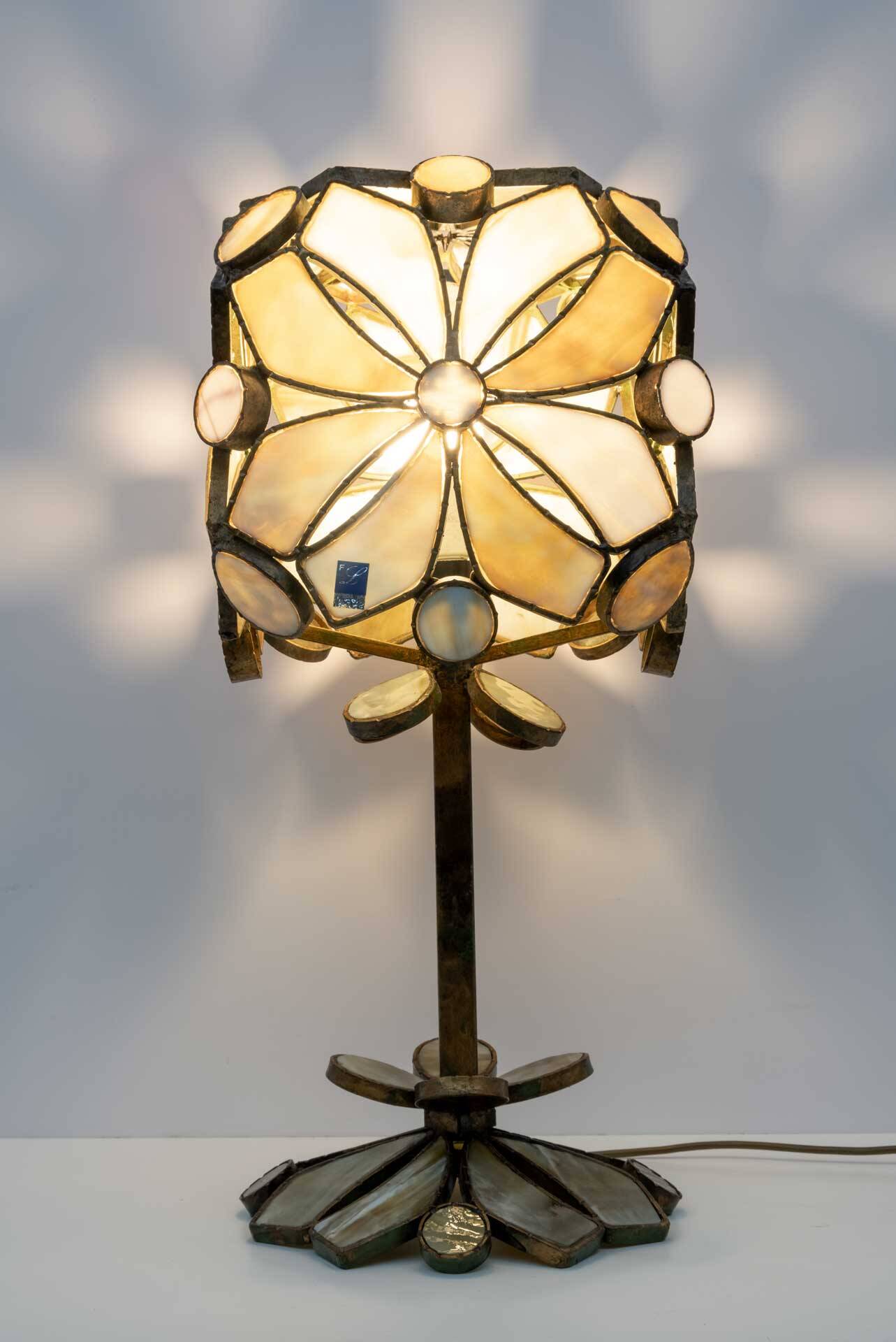 Rare Brutalist Italian Glass Paste and Wrought Iron Table Lamp by Longobard