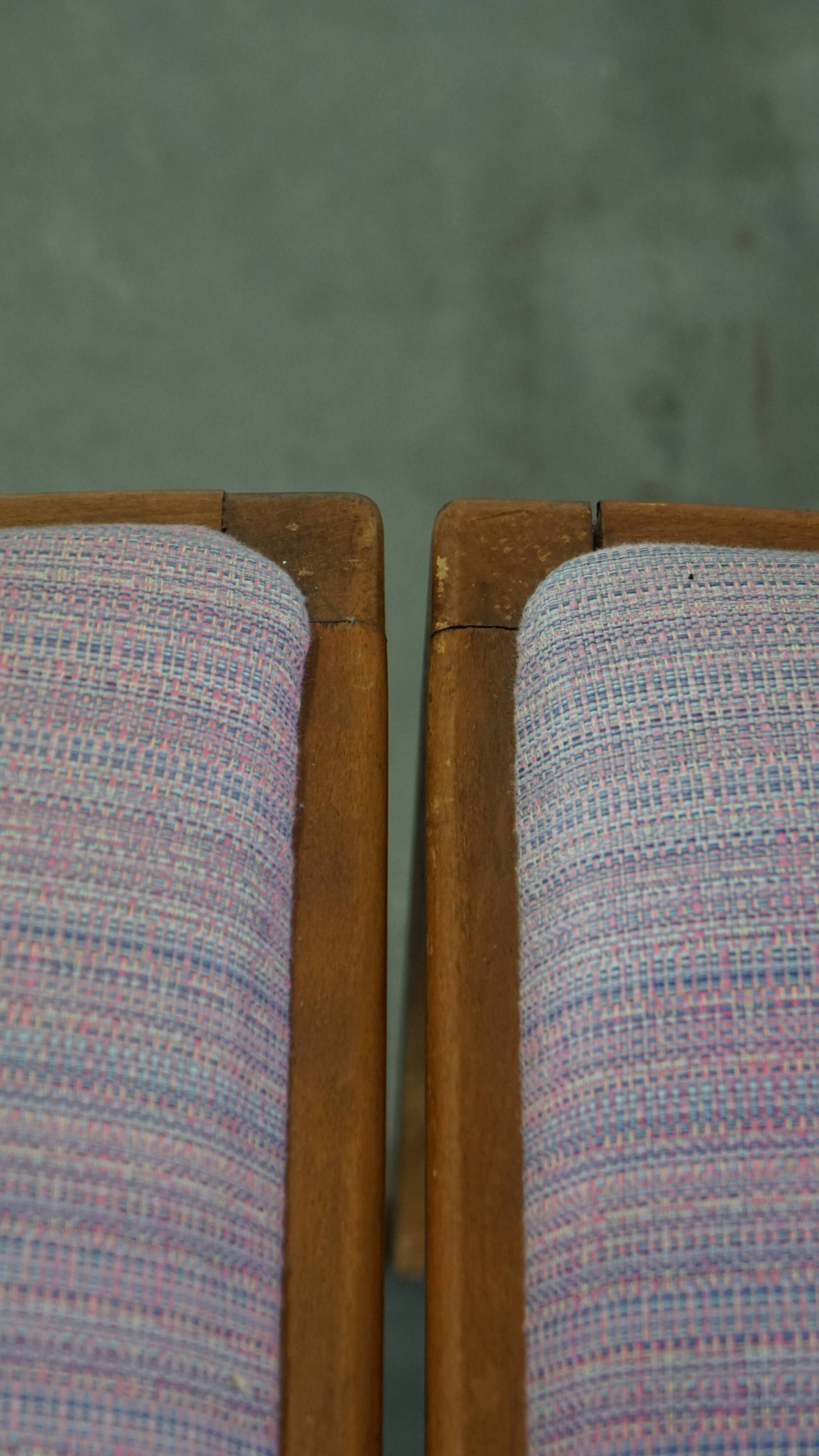Set of 8 vintage Danish design dining chairs from the 1970s with light purple fabric seats