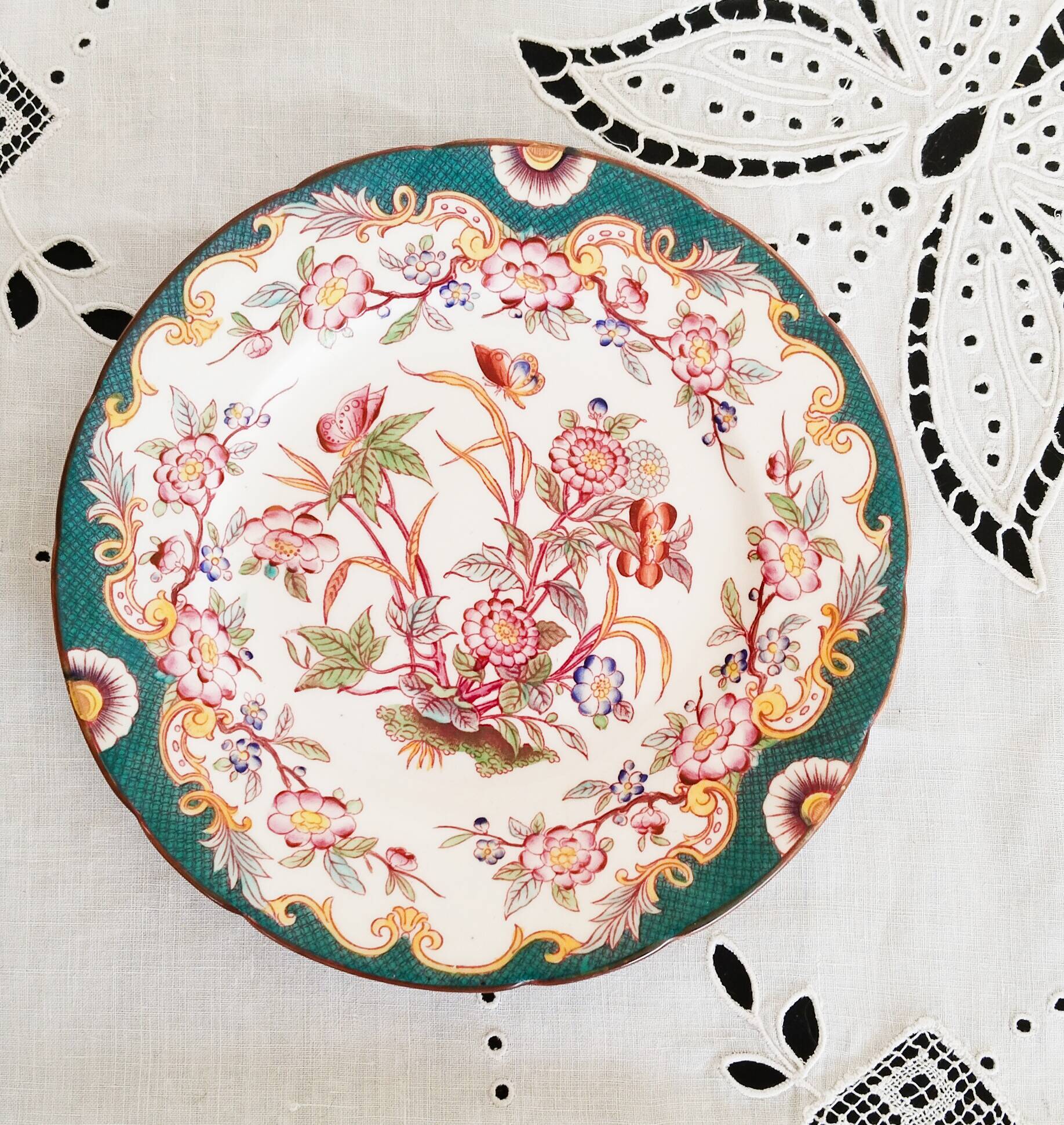 Porcelain dessert plate, Minton Decor 215, green, Sarreguemines