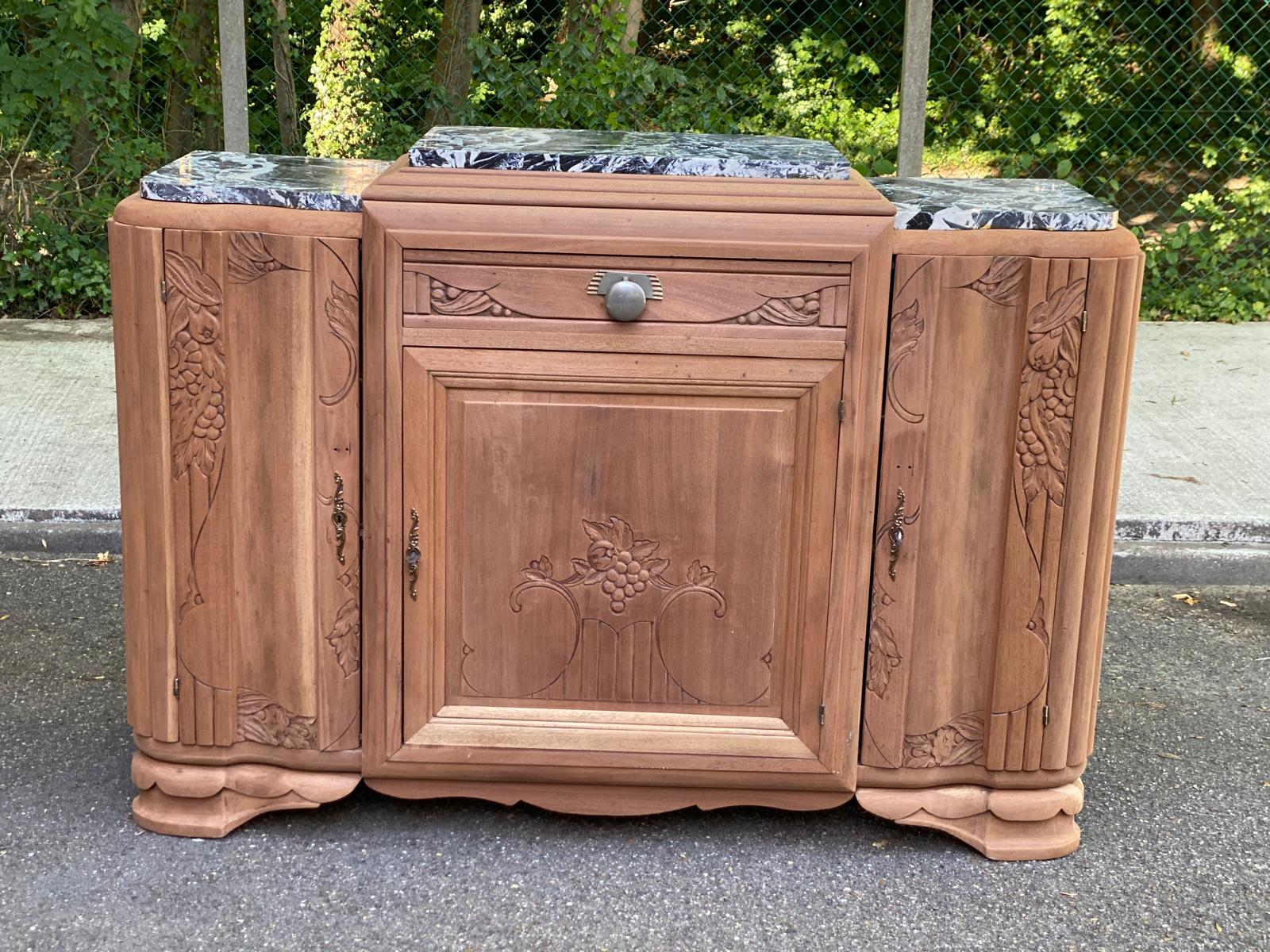 Art Deco sideboard renovated in solid walnut with Saint Laurent marble, 1930.