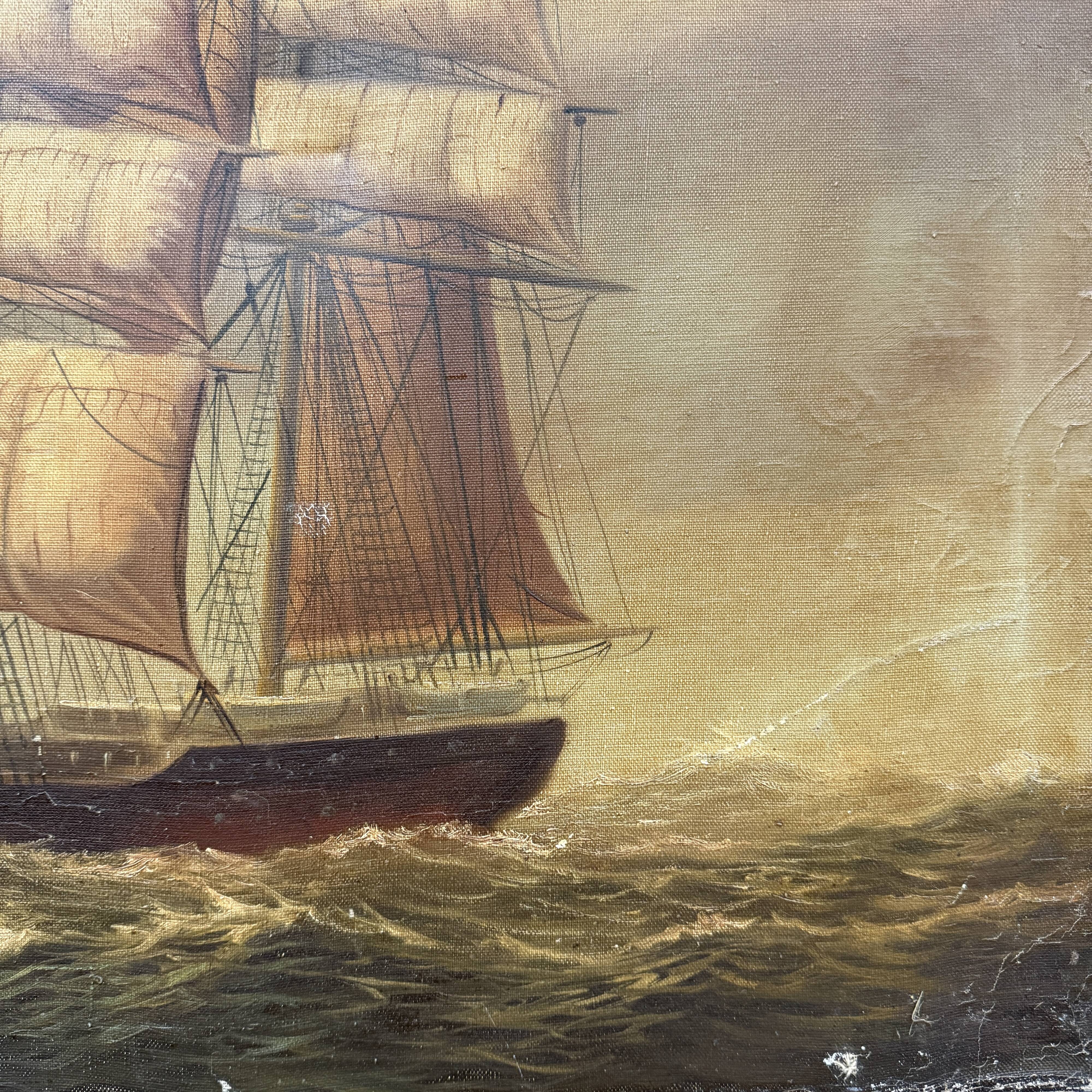 Large old oil painting of a ship