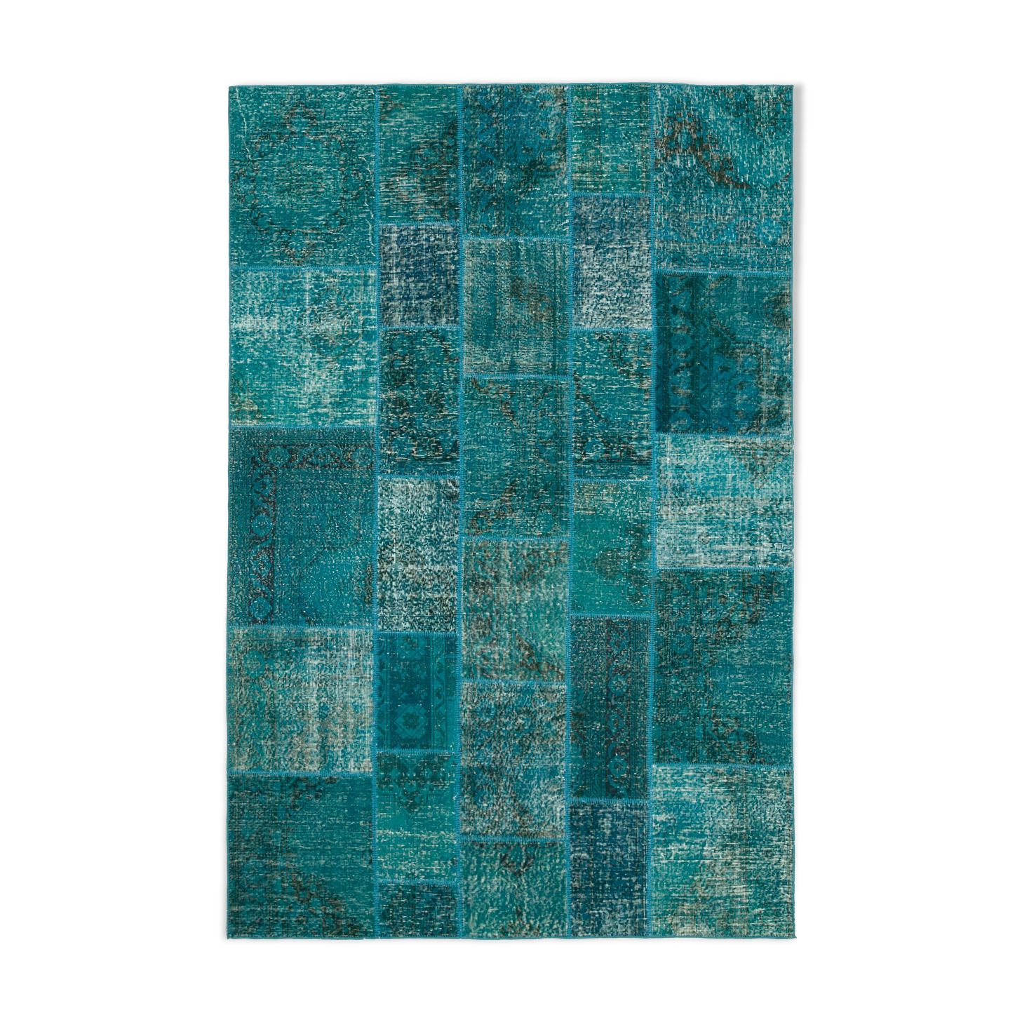 Hand-knotted oriental overdyed 200 cm x 298 cm turquoise patchwork rug
