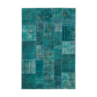 Hand-knotted oriental overdyed 200 cm x 298 cm turquoise patchwork rug