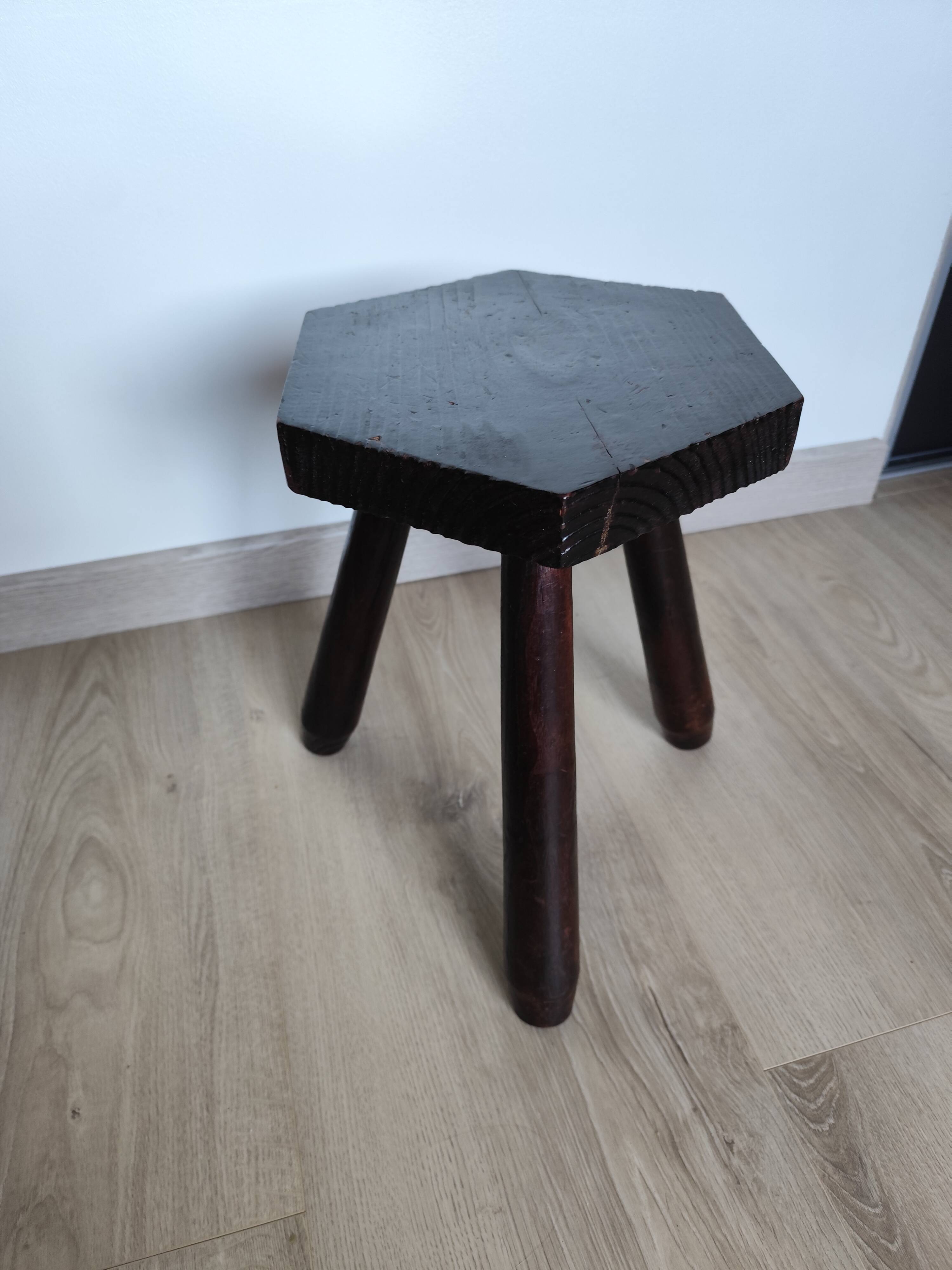 Vintage 1960s Brutalist tripod stool in solid wood