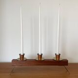 Modernist chandelier in teak and vintage brass.