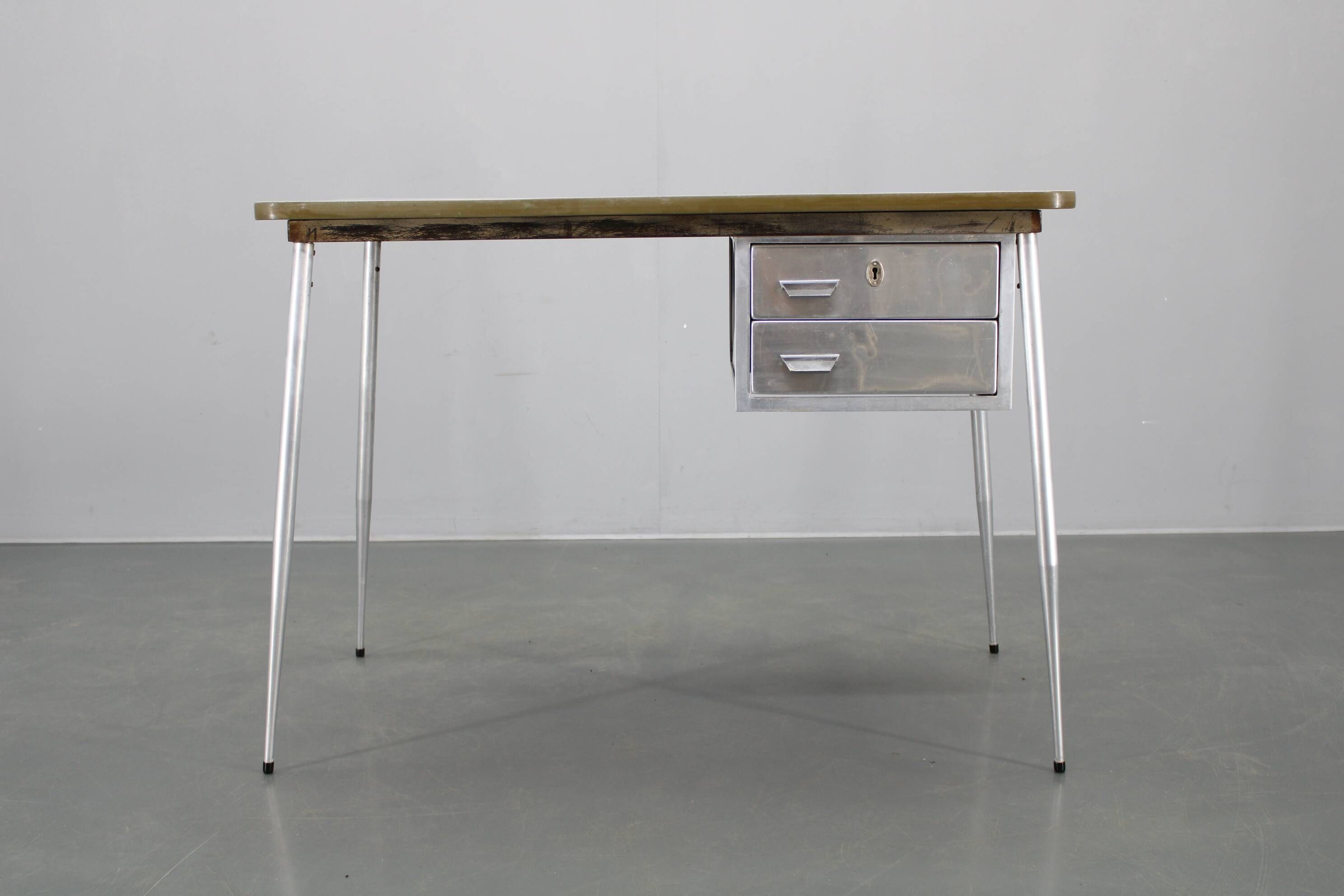 1950s Italian industrial metal and umakart desk — mid-century modern workstation