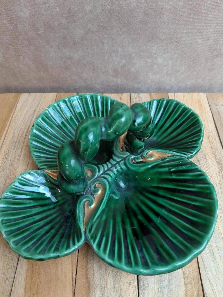Vintage ceramic server in green with shell design, Vallauris style.