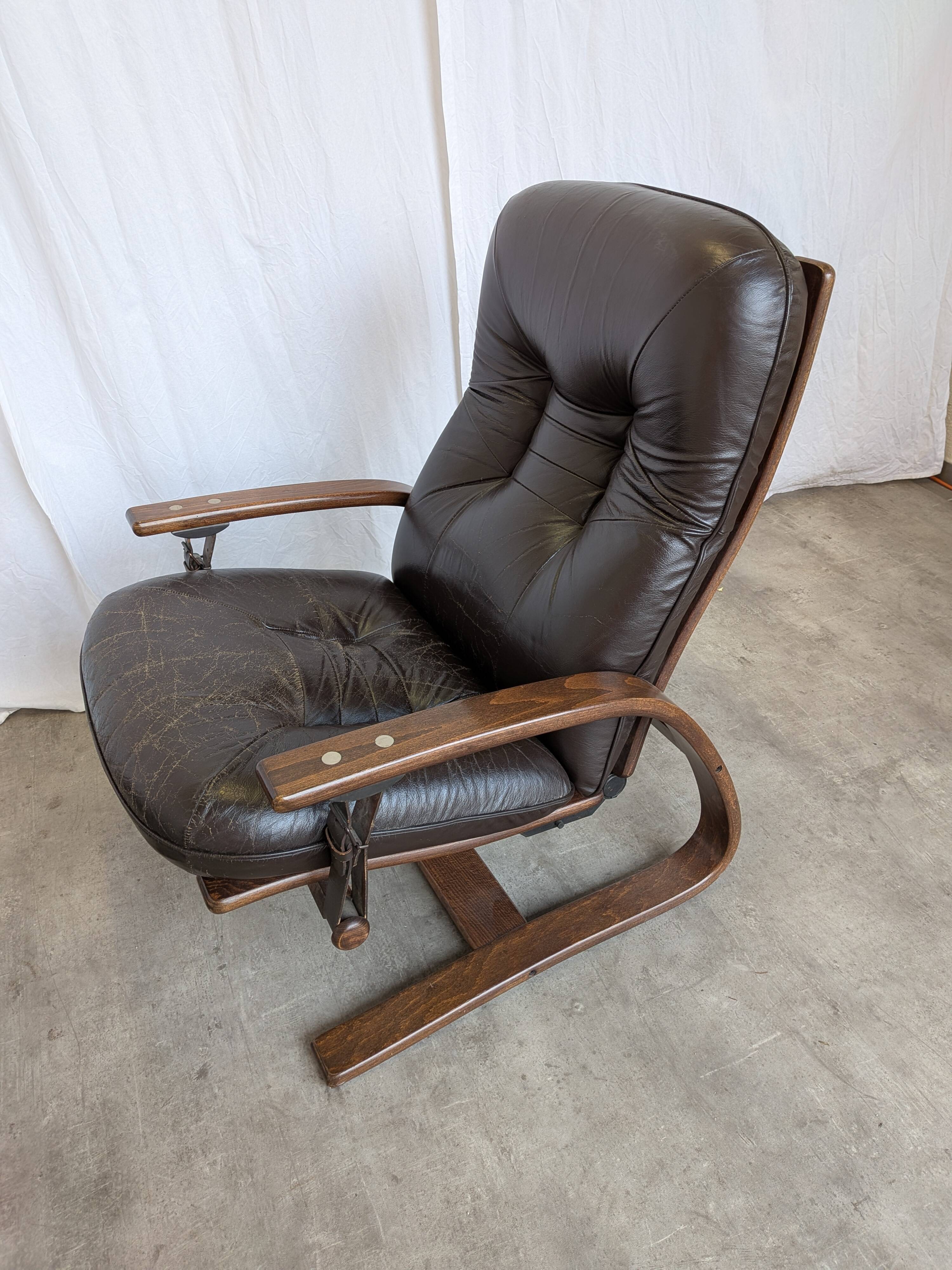 Vintage Panther Lounge Chair with Ottoman / Brown Leather Recliner Armchair