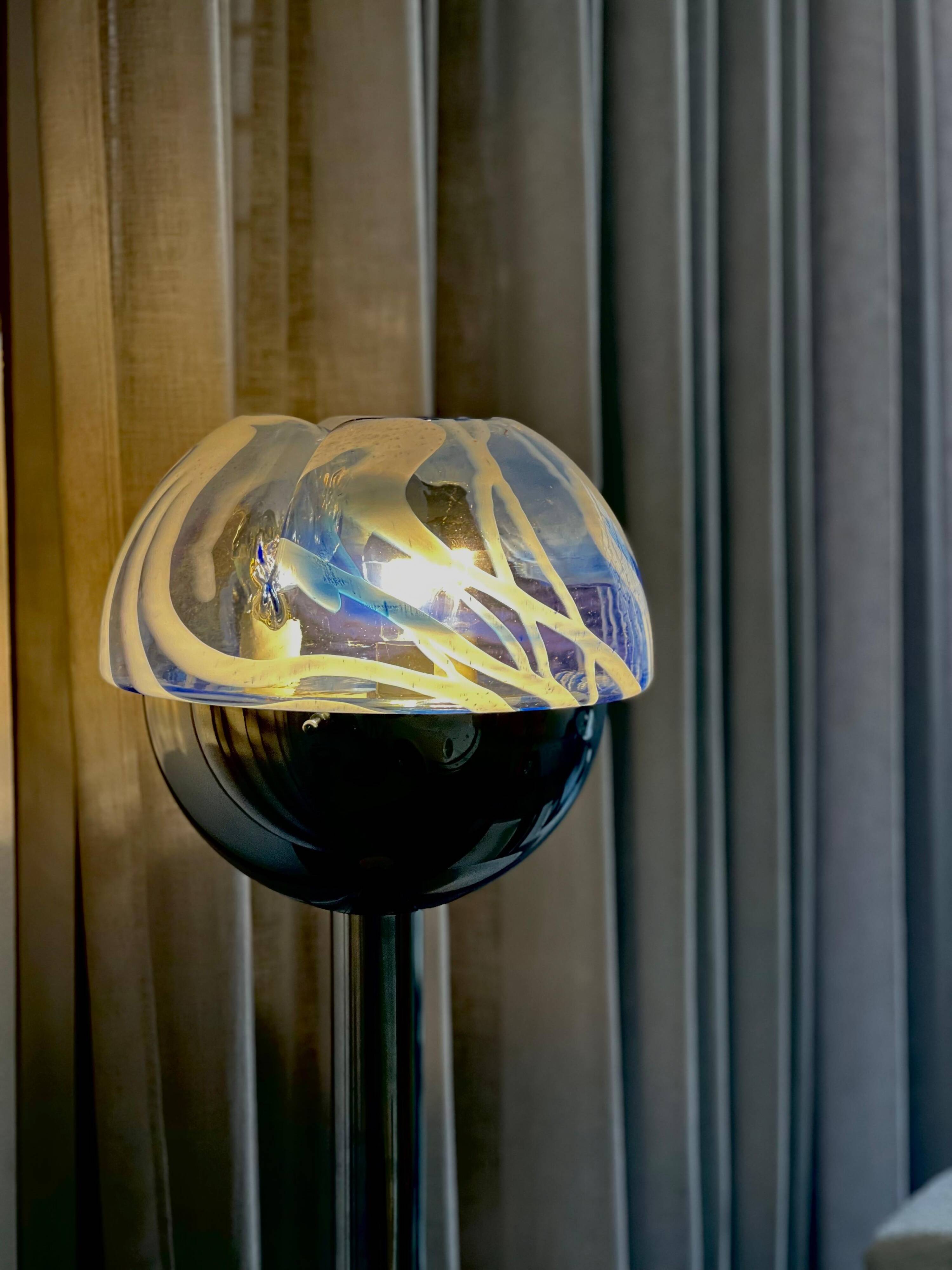 Chromed Floor Lamp from the 1960s, Made in Italy, Blue and white murano glass