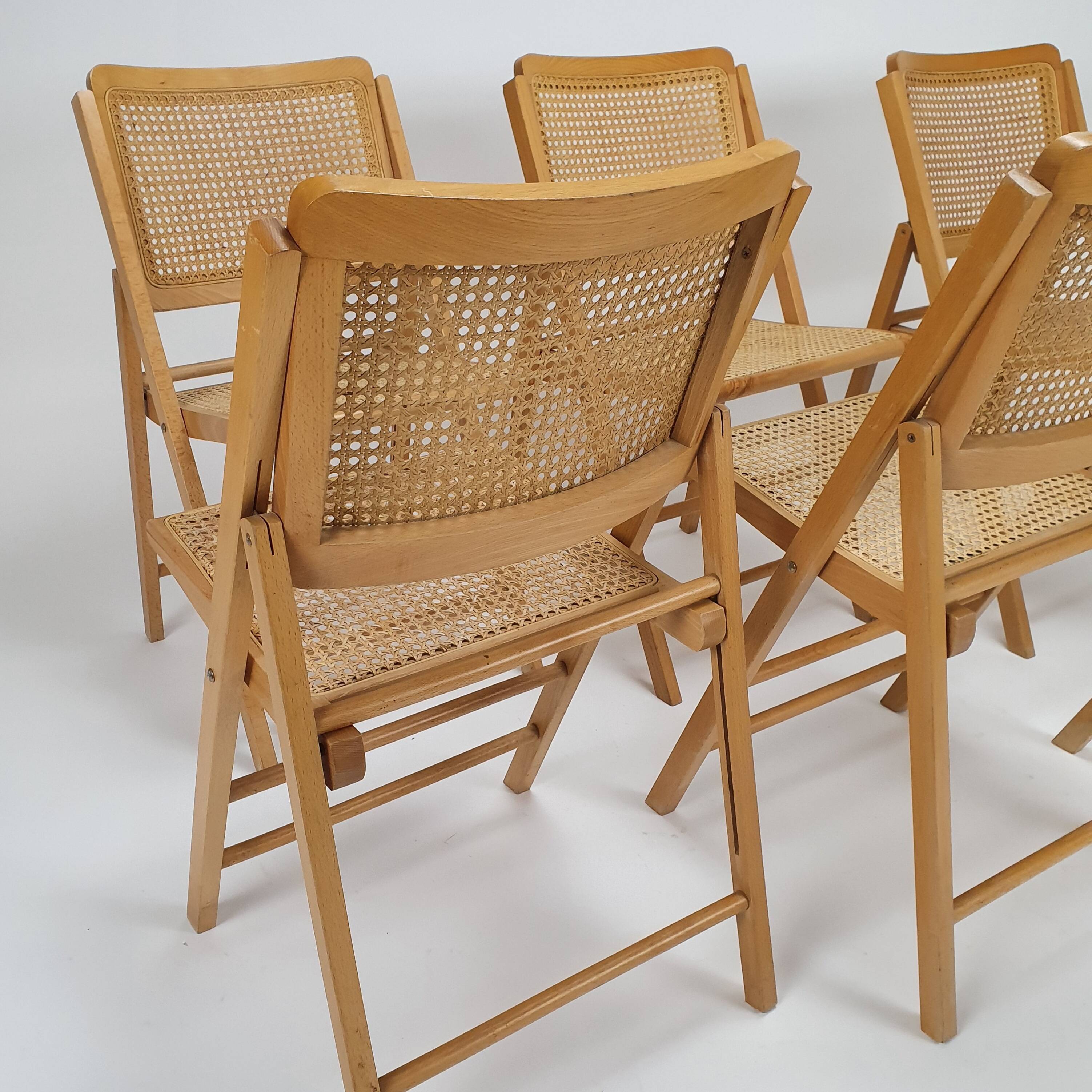 Set of 6 vintage birch and cane folding chairs, 1970s