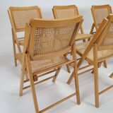 Set of 6 vintage birch and cane folding chairs, 1970s