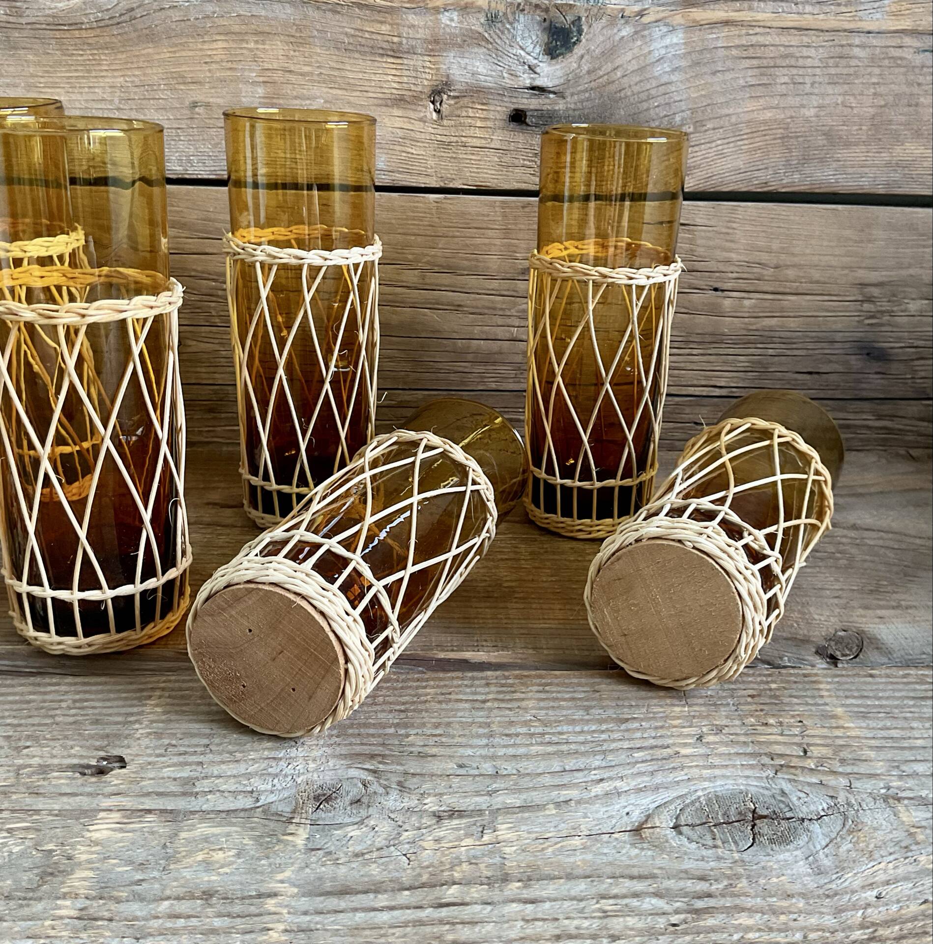 6 amber long drink glasses with wicker
