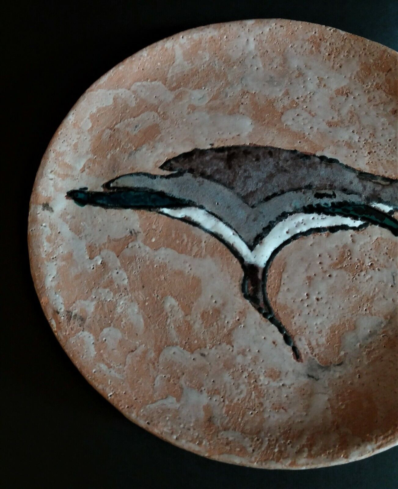 Vintage glazed terracotta ceramic plate signed Olivier