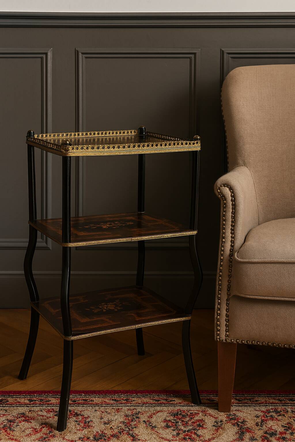 Napoleon III side table with floral marquetry and openwork brass trim, 19th century