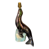 1950s Ceramic Sea Lion Lamp with Black Varnished Enamel, Signed