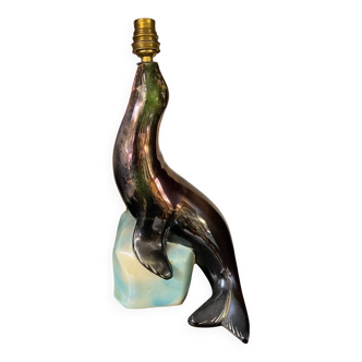 1950s Ceramic Sea Lion Lamp with Black Varnished Enamel, Signed