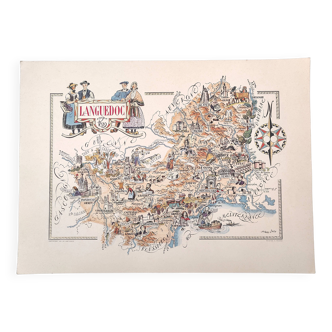 Carte ancienne Languedoc illustrée  Jacques Liozu 1951